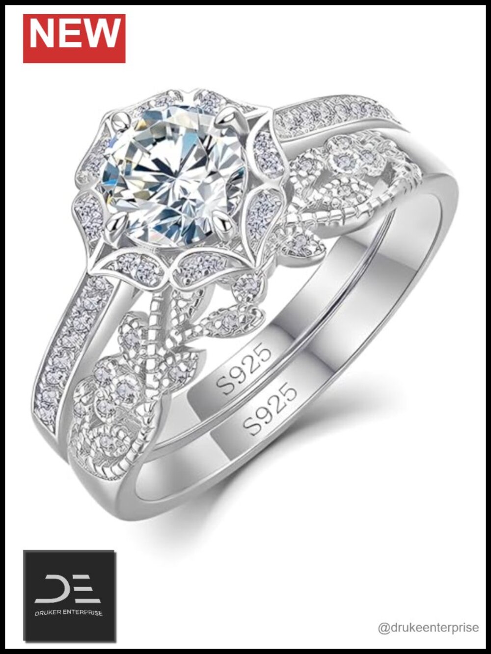 1CT Moissanite Bridal Ring Set 925 Sterling Silver 18K White Gold Plated
